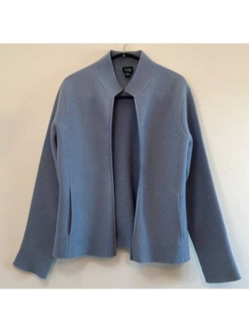Eileen Fisher Coat Womens Small Blue Boiled Wool Raw Hem Full Zip Pockets Office